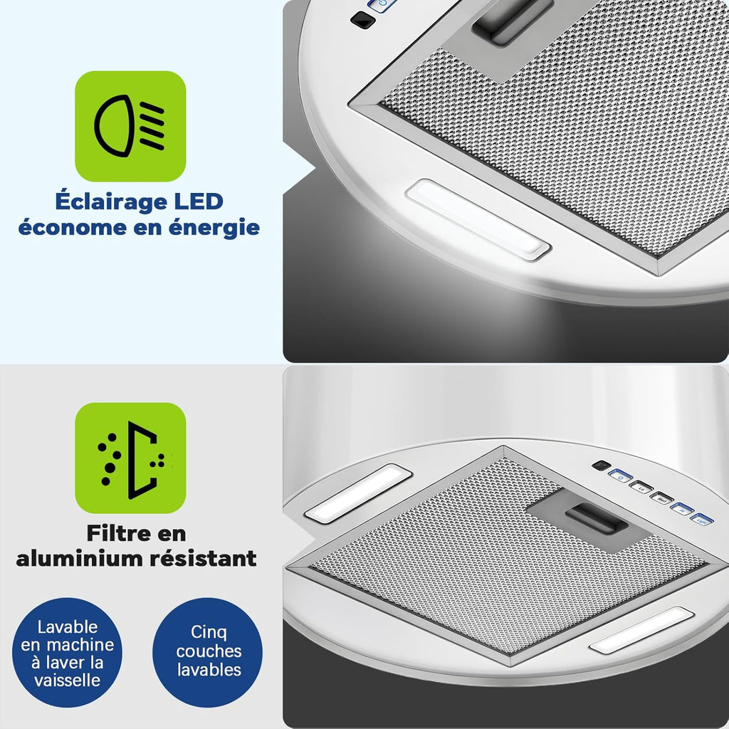 SNDOAS Hotte Îlot Central 700 m3/h, Hotte Aspirante 35cm avec 3 Vitesses, A+, Éclairage LED, Filtres à Charbon et Fonction Retard 5 minutes , Blance, Hotte Suspendue Recyclage