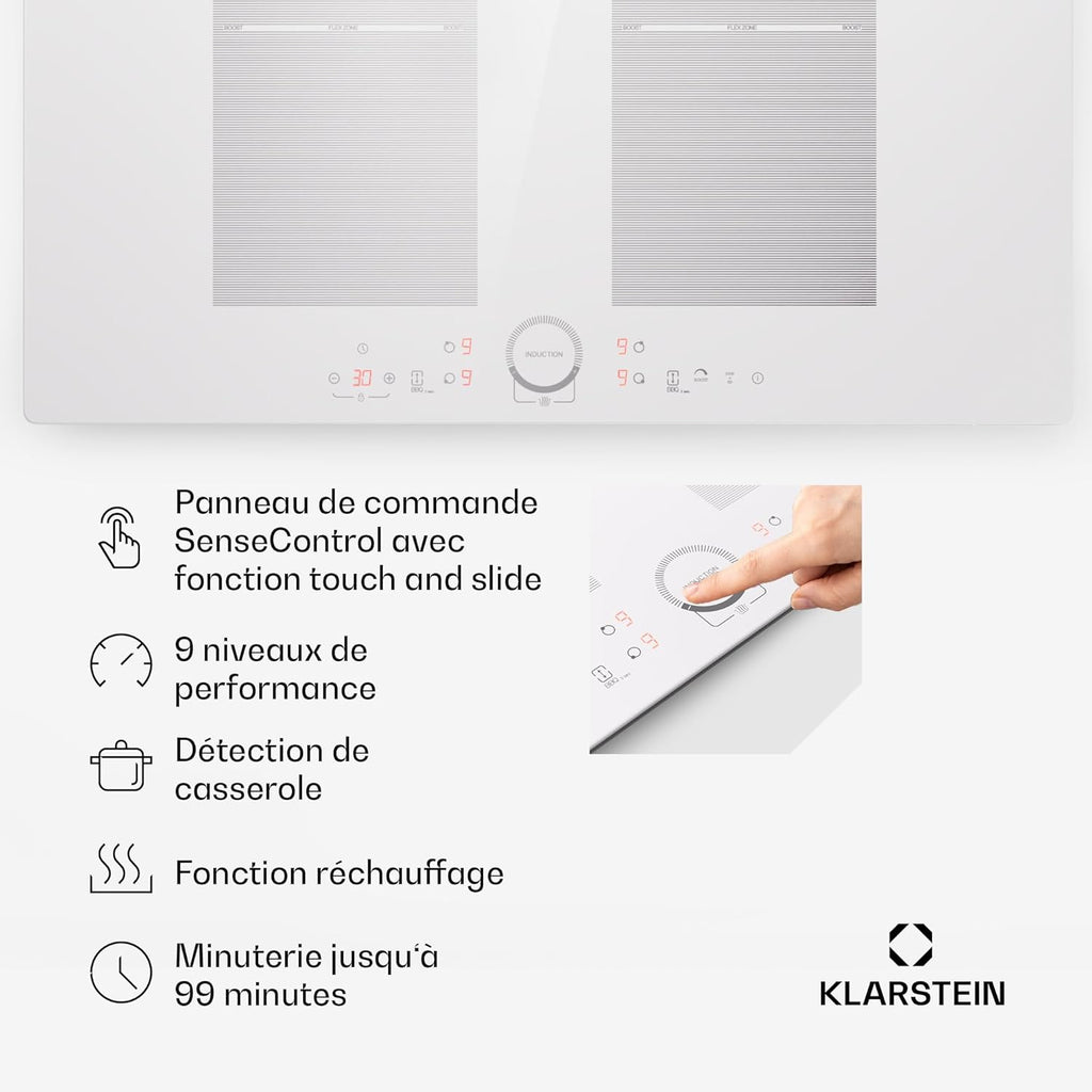 Klarstein Table de Cuisson Induction 4 Feux 7000W, Contrôle par Touches, Affichage Numérique et Minuterie