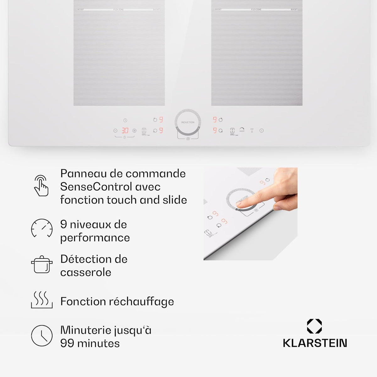 Klarstein Table de Cuisson Induction 4 Feux 7000W, Contrôle par Touches, Affichage Numérique et Minuterie