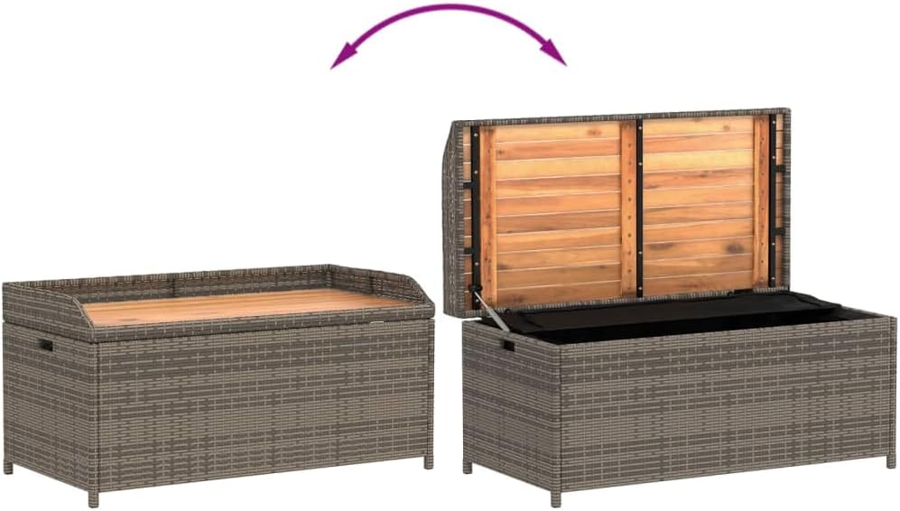 LAPOOH Banc de rangement pour jardin gris, 100 x 50 x 52 cm, polyrotin Acacia, banc d'extérieur avec conteneur
