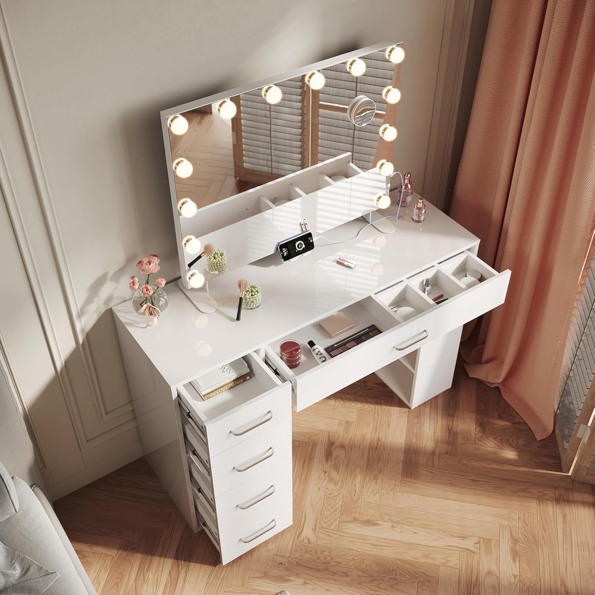 SIRHONA Coiffeuse sans Miroir, Table de Maquillage avec 5 Tiroirs Rangement, Table de Maquillage avec 6 Cloison,Blanc Bureau Coiffeuse, 120x40x77cm