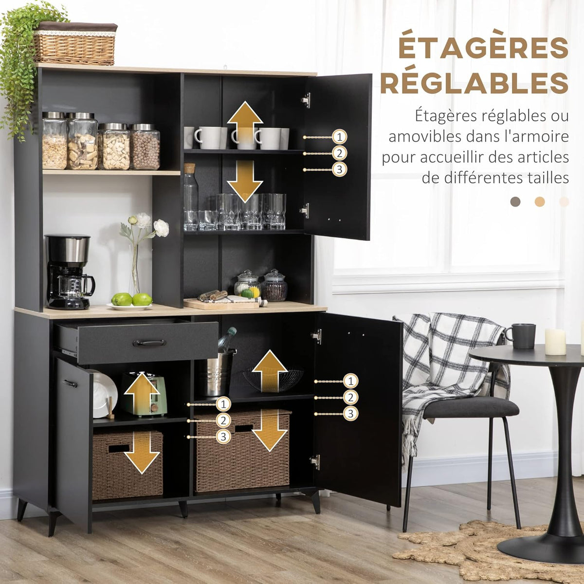HOMCOM Buffet de Cuisine Armoire de Cuisine Buffet de Salle à Manger 3 niches Ouverts 3 placards avec Porte et 1 tiroir 119 x 41 x 180 cm Noir