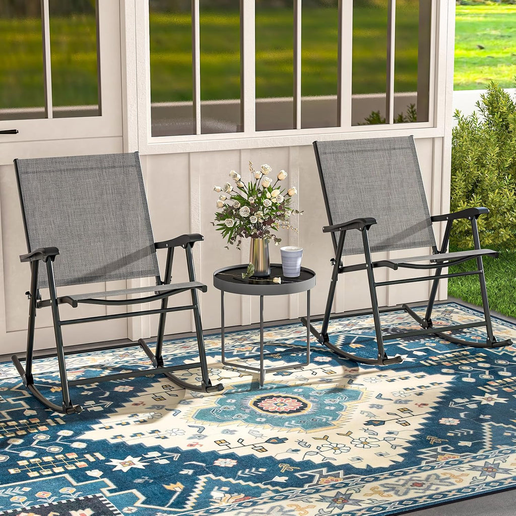 GOPLUS Lot de 2 Fauteuil Jardin Exterieur à Bascule Pliantes, 82 x 64 x 91 CM, Rocking Chair en Tissu Respirant, avec Dossier, Accoudoirs et Repose-Pieds, Charge 150KG, pour Camping, Terrasse, Jardin