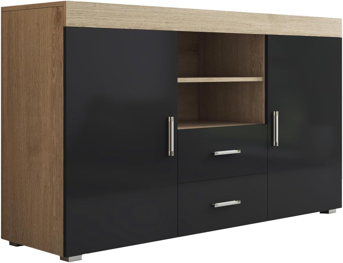 MB Muebles Bonitos, Buffet Roque pour Salon et Salle à Manger Moderne, Meuble TV en Mélamine, Couleur Sonoma Mat et Noir Brillant, 140x80x40 cm