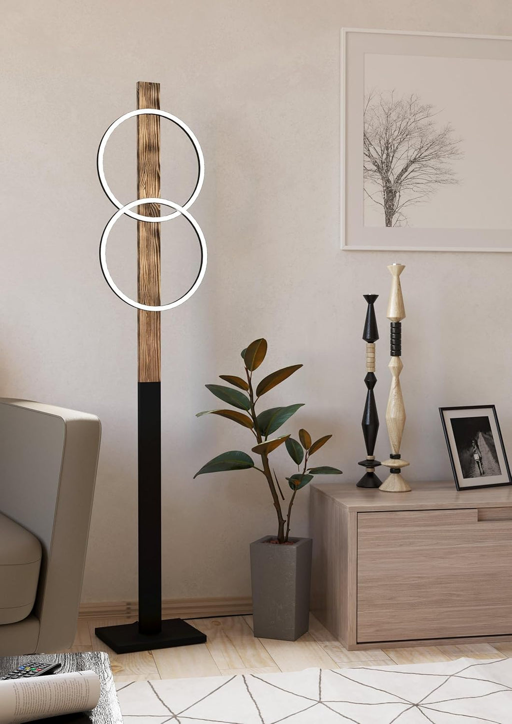 Eglo Lampadaire LED Boyal, luminaire intérieur à pied avec 2 cercles lumineux, lampe de salon rustique en bois flambé et métal noir, éclairage blanc chaud, 150 cm