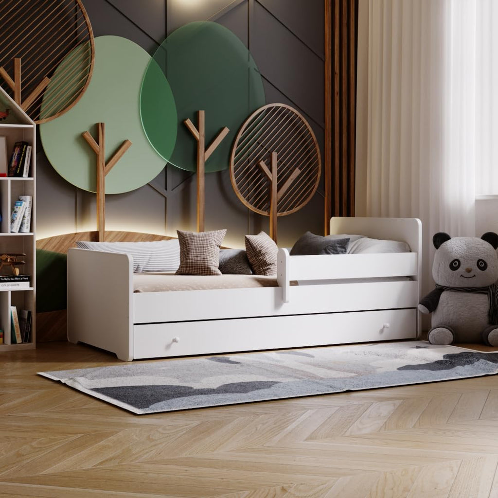 KOBI Lit Enfant Max Blanc | 160x80 | avec tiroir, Balustrade et Matelas | pour Filles et garçons | pour Chambre d'enfant |