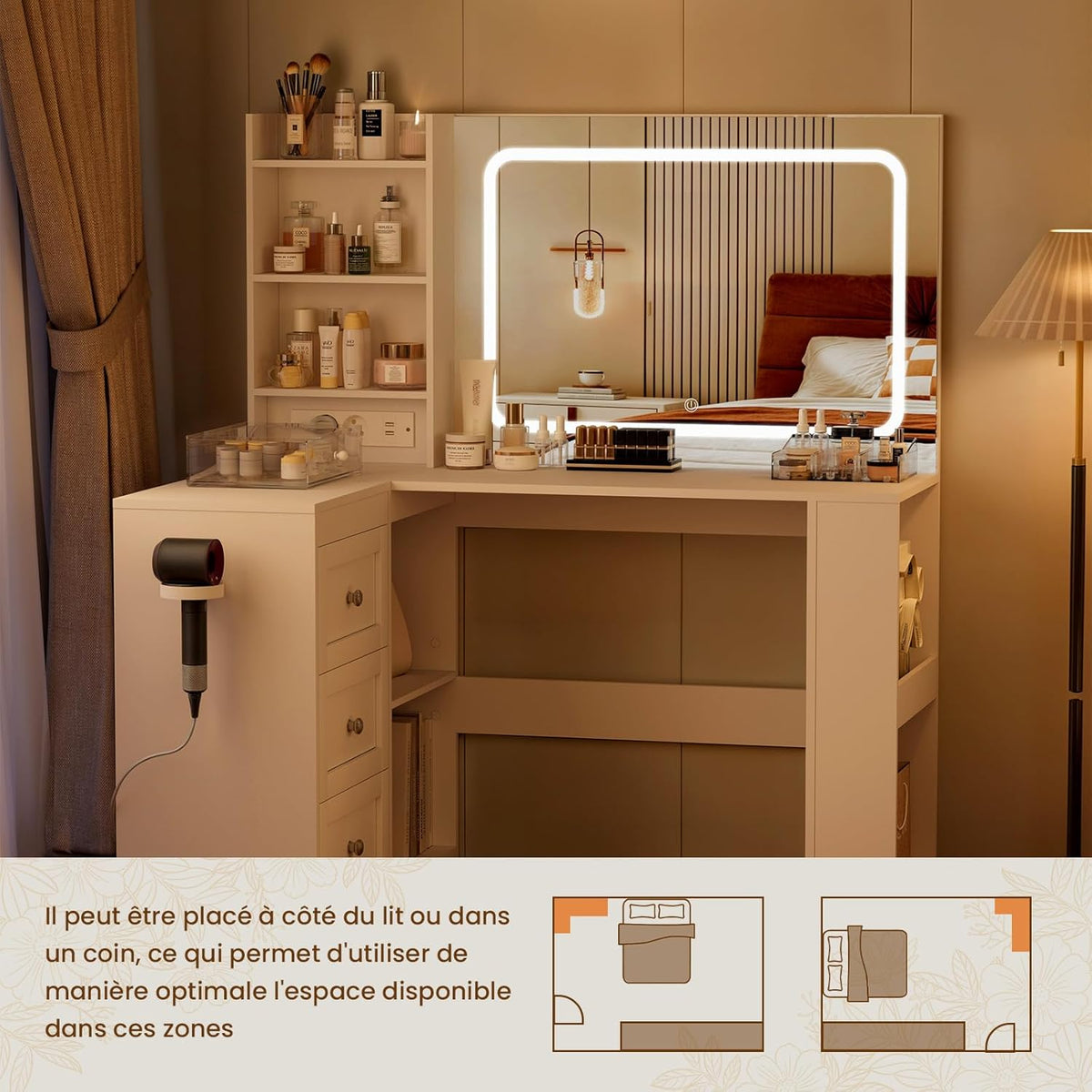YOUDENOVA Table de maquillage avec grand miroir, coiffeuse d'angle en forme de L avec éclairage LED réglable et prises, luminosité réglable, armoire à 3 tiroirs, 7 compartiments ouverts, blanc