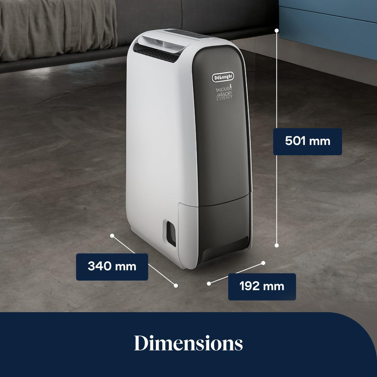 De’Longhi Tasciugo AriaDry Light - Déshumidificateur Portable pour la Maison, Zéolite et Ioniseur, Élimination Humidité 6L/24h, Séchage, Anti-Moisissure, Silencieux, Mode Swing, Minuteur, Gris (DNS65)