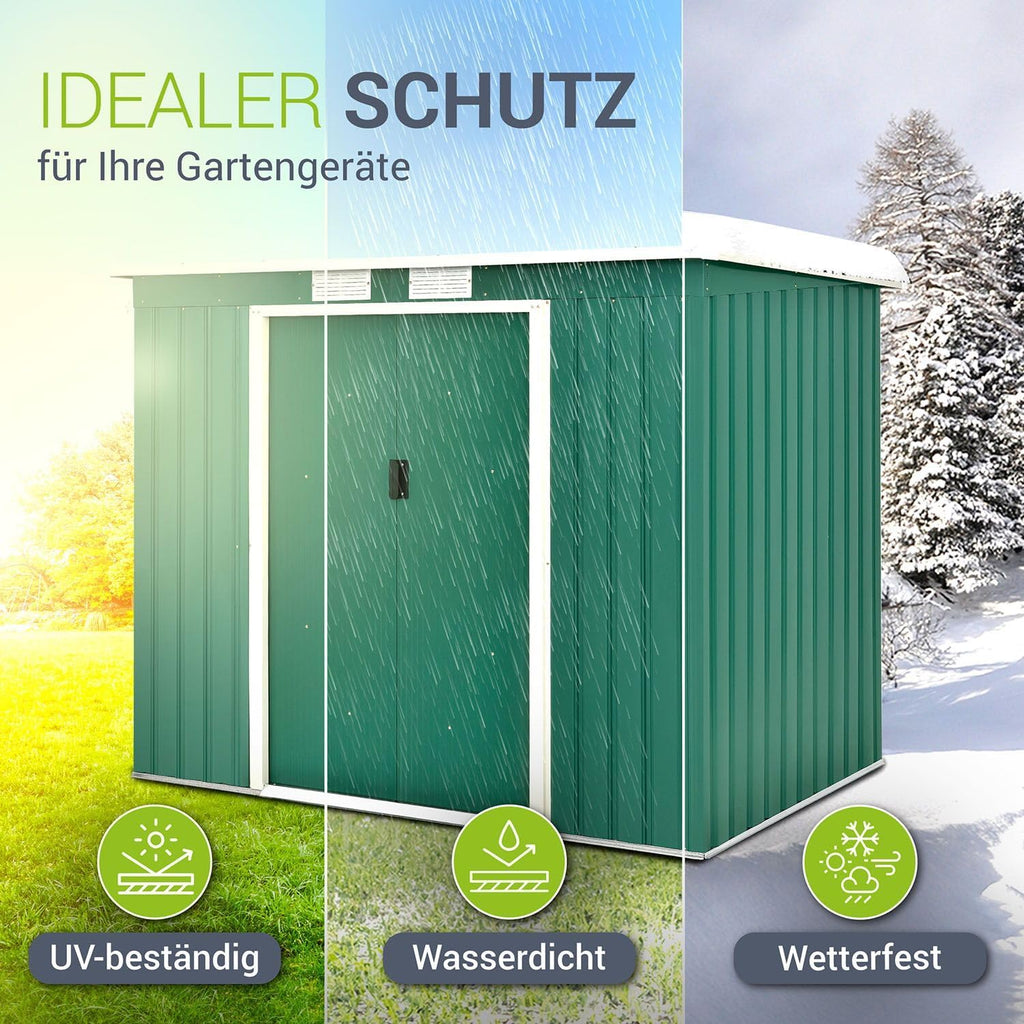 Juskys Abri de Jardin en métal de 4m³ avec Toit en Pente, Porte coulissante et Fondation - 213x130x173cm - Outils de Jardin en Acier (Vert)(M)