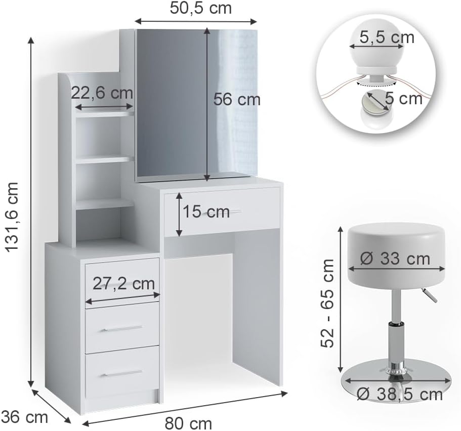 Vicco Coiffeuse Conrada, Blanc, 80cm avec éclairage LED et Tabouret