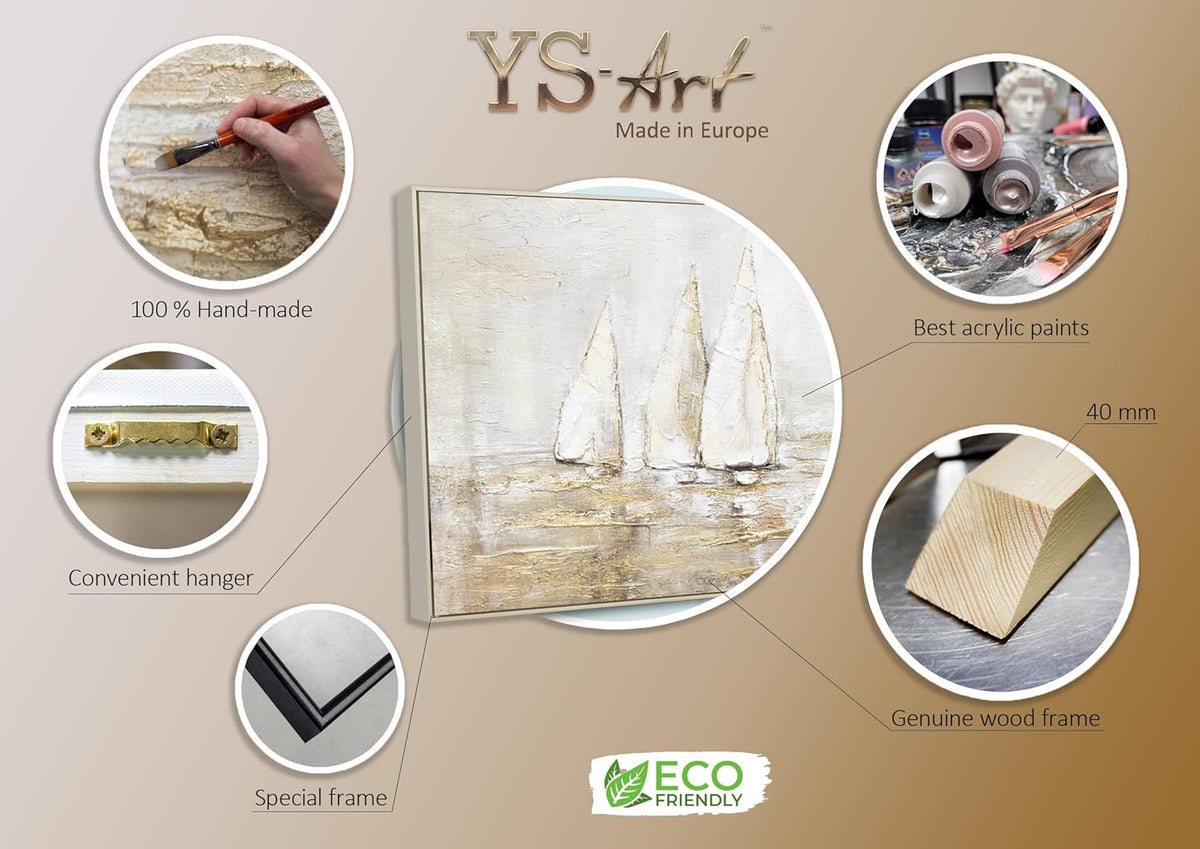 YS Tableau decoration murale salon peinte à la main Éblouissement solaire Peinture moderne paysage marin avec voiliers tons beiges avec or avec cadre 140x70 cm