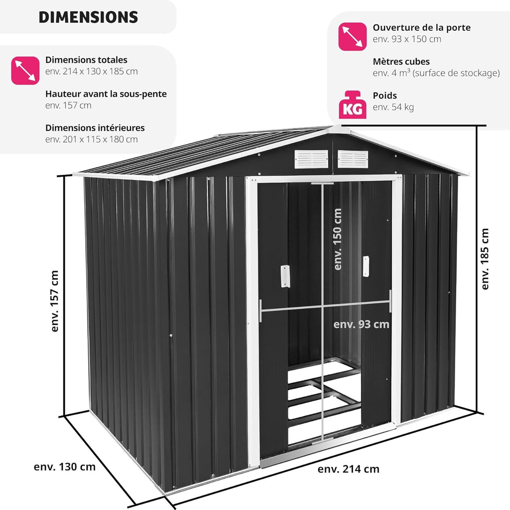 tectake Abri de Jardin en métal Cabane de Jardin à Outils en Métal Toiture 2 pans avec Fondation, Rangement et Stockage extérieurs Moto, Vélo, Tondeuse, Brouette, Outils de Jardinage 214x130x185 cm