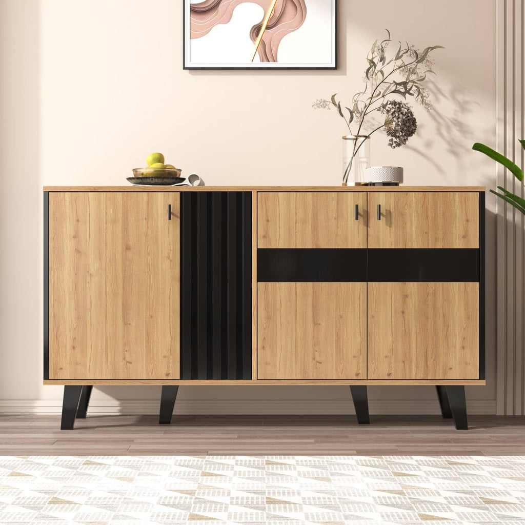 Sweiko Buffet, commode pour salon avec éclairage LED et verre, placard de cuisine avec 3 portes, en bois et noir, buffet pour salle à manger, entrée et couloir (Noir et Naturel)