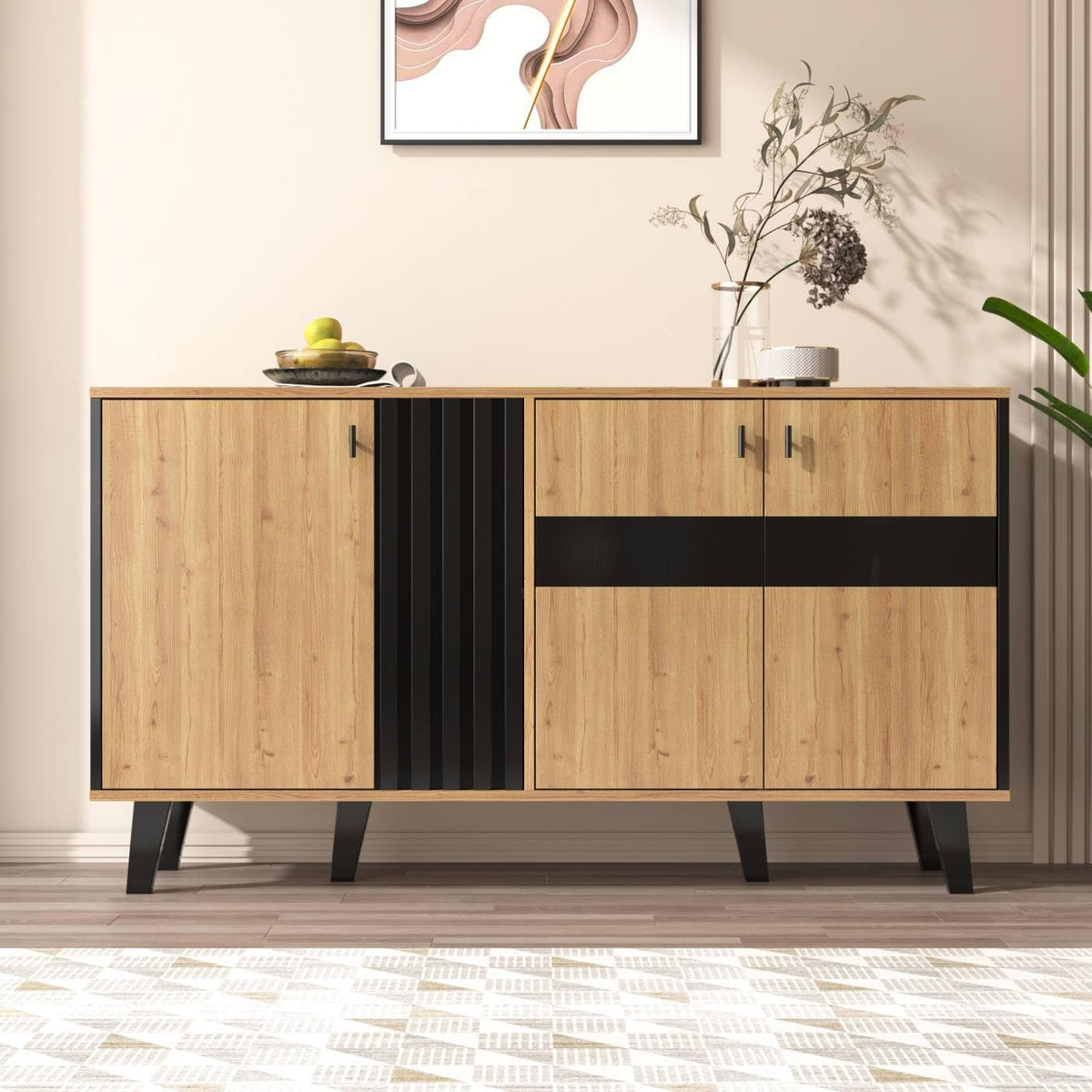 Sweiko Buffet, commode pour salon avec éclairage LED et verre, placard de cuisine avec 3 portes, en bois et noir, buffet pour salle à manger, entrée et couloir (Noir et Naturel)
