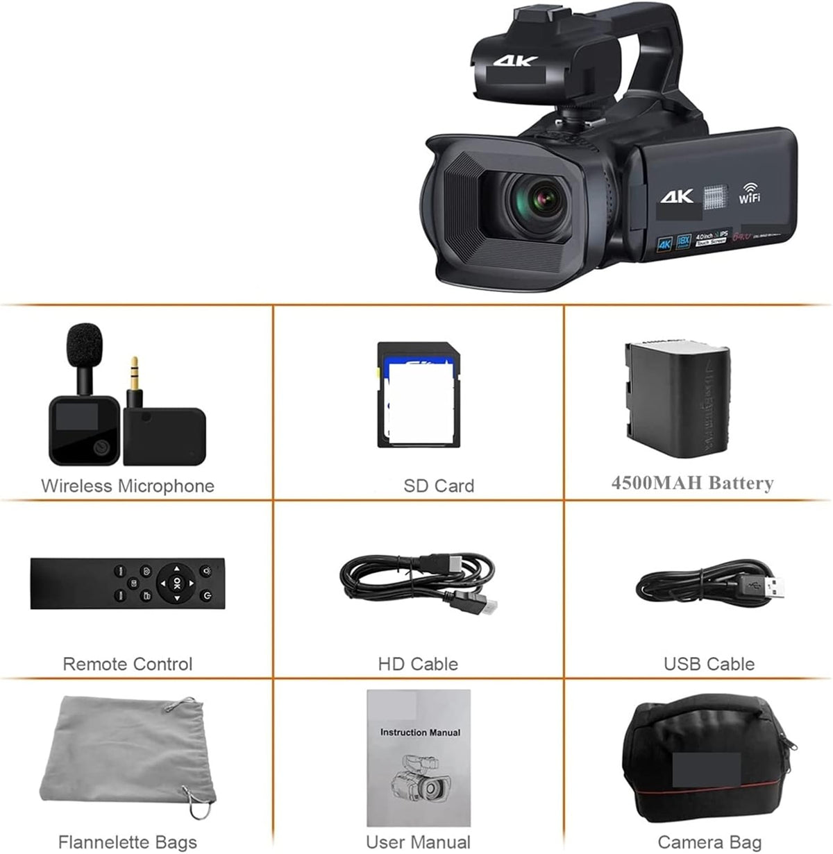 Camescope Numerique, Caméra vidéo 4K diffusion en direct caméscope professionnel 64MP photographie appareil photo numérique rotation écran tactile enregistreur Vlog(32G SD Card,With Microphone)