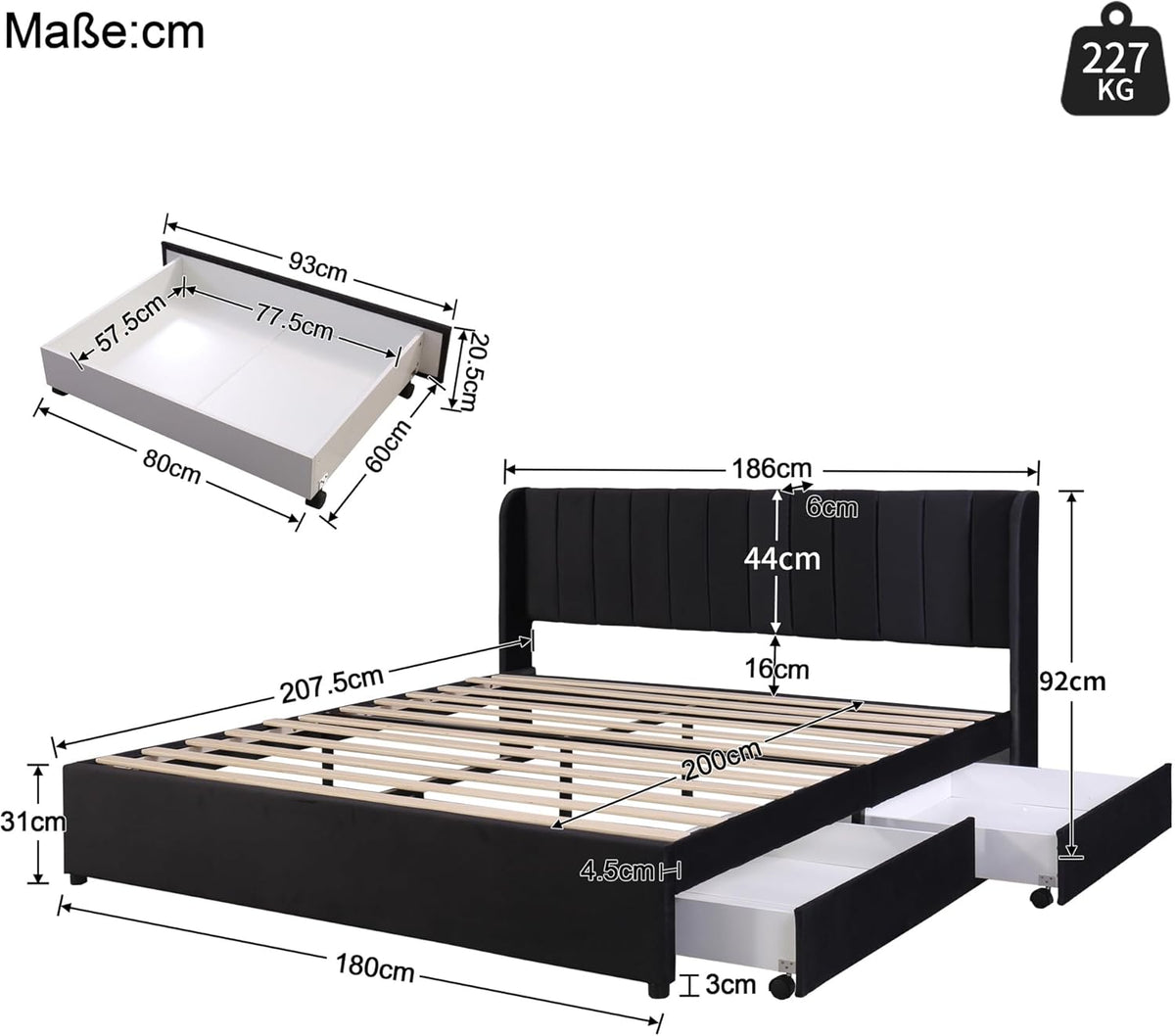 Lit Coffre 2 Personnes avec Sommier à Lattes et 2 Tiroirs, Parure de Lit Adulte Noir, Cadre de Lit Double Velours