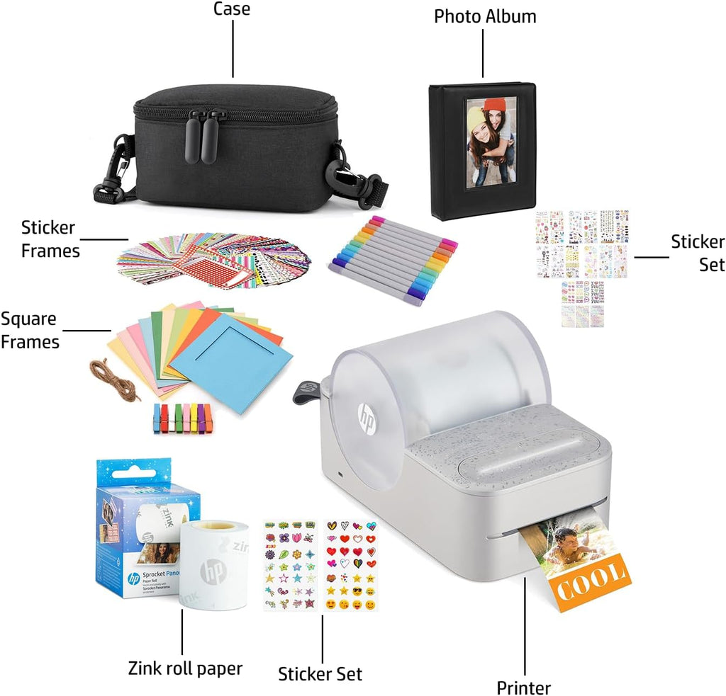Sprocket Panorama Imprimante Photo et étiquettes Couleur Portable instantanée (Gris) Coffret Cadeau avec étui, Rouleau Zink, Album Photo, marqueurs, Autocollants et Cadres