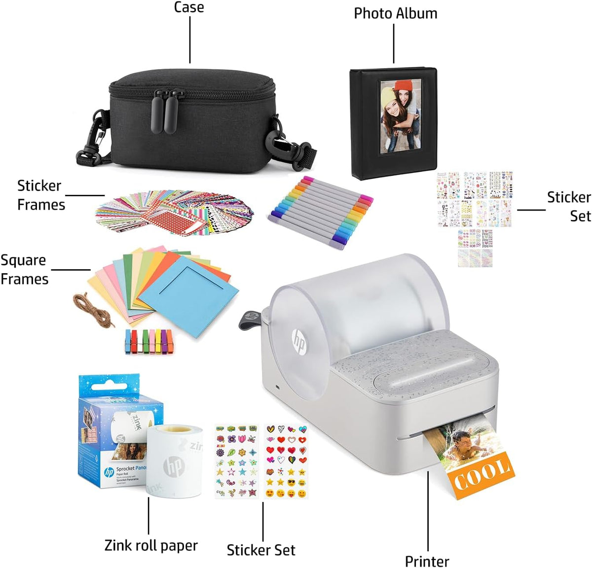 Sprocket Panorama Imprimante Photo et étiquettes Couleur Portable instantanée (Gris) Coffret Cadeau avec étui, Rouleau Zink, Album Photo, marqueurs, Autocollants et Cadres