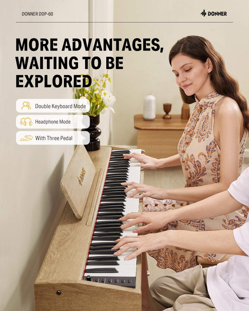 Donner DDP-60 Piano numérique 88 touches : Clavier de grande taille, toucher sensible, 8 réverbérations, enregistrement, 128 voix. Inclut trois pédales, clavier de piano électrique pour