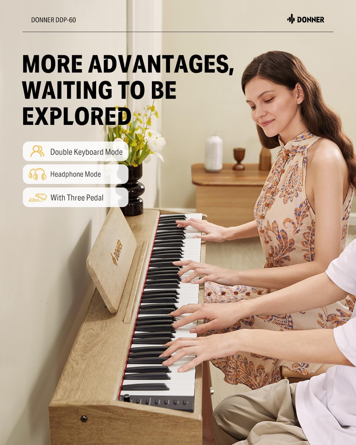 Donner DDP-60 Piano numérique 88 touches : Clavier de grande taille, toucher sensible, 8 réverbérations, enregistrement, 128 voix. Inclut trois pédales, clavier de piano électrique pour