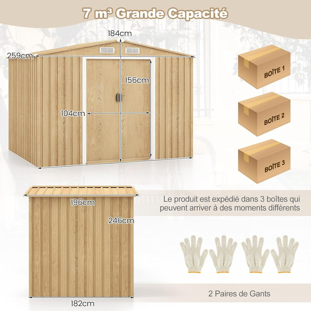 COSTWAY Abri de Jardin 5㎡ en Acier Galvanisé Anti-UV, 259 x 196 x 184 CM, Cabane de Jardin Exterieur 7m³ avec Fondation et Porte Coulissante, Rampe, 4 Trous d’Aération, 4 Gants Inclus