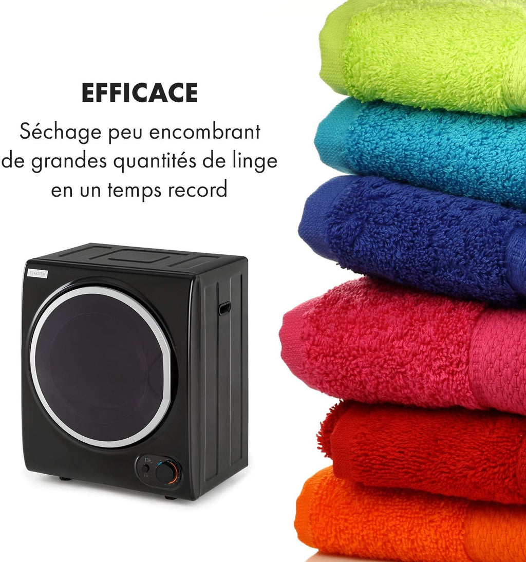 KLARSTEIN Jet Set 2500 - sèche-linge, par extraction, chargeur frontal, 850 W, pose libre/encastré, 2,5 kg, élément chauffant PTC, réglable jusqu'à 60 °C, minuterie 20 à 200 mn, compact, noir
