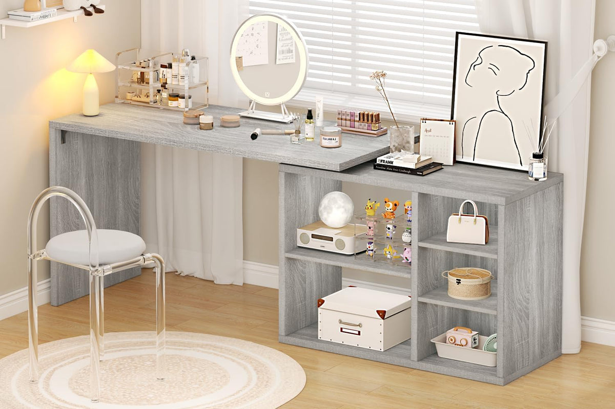 HSH Bureau d'angle gris en forme de L avec étagères de rangement, bureau d'ordinateur réversible en forme de L avec armoire de rangement, bureau d'angle réglable pour PC, écriture, étude, travail, 140