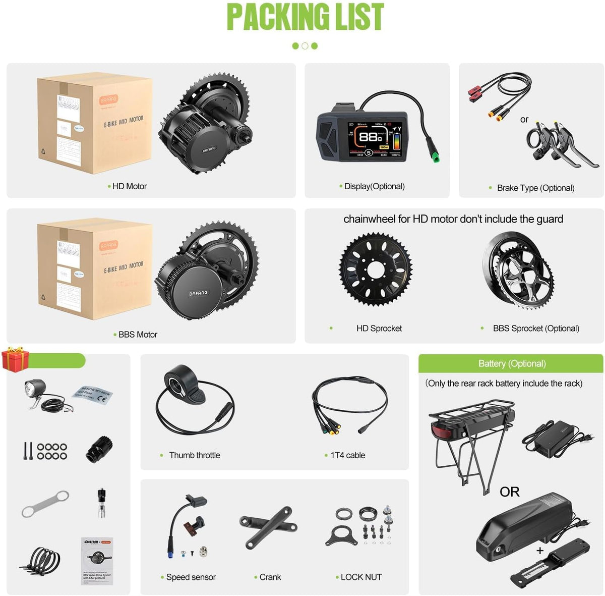 BAFANG BBS01B BBS02B BBS-HD Kit de Moteur Central - Kit de Conversion pour vélo électrique Mid Drive 250W 350W 500W 750W 1000W avec Batterie (en Option) et écran LCD, 36V 48V 52V, protocole Can