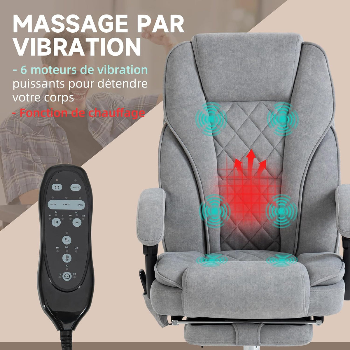 Vinsetto Fauteuil de Bureau massant et Chauffant Chaise de Bureau Chaise Ergonomique avec Hauteur réglable Dossier inclinable télécommande Filaire Repose-Pieds rétractable et pivotant 360° Gris