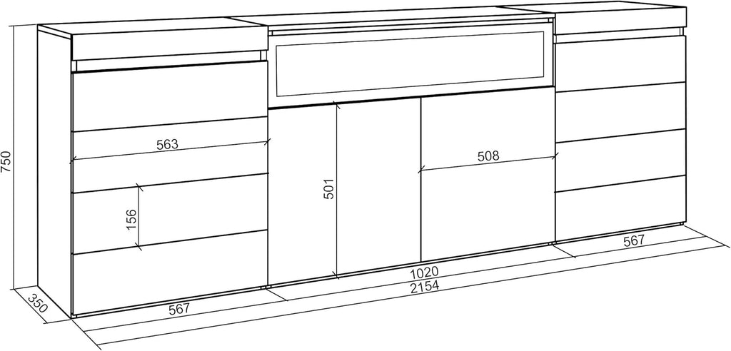 Skraut Home | Commode, Buffet, Armoire | Meuble de Rangement | 214x75x35 cm | Chambre à Coucher, pièce | Cheminée électrique | Style Moderne | Chêne
