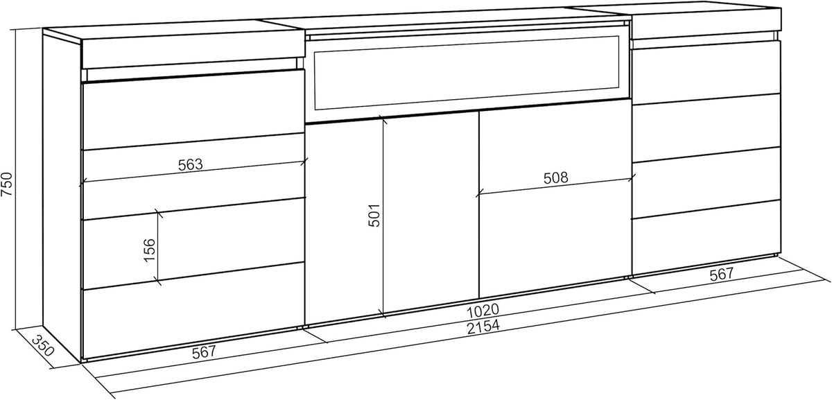 Skraut Home | Commode, Buffet, Armoire | Meuble de Rangement | 214x75x35 cm | Chambre à Coucher, pièce | Cheminée électrique | Style Moderne | Chêne