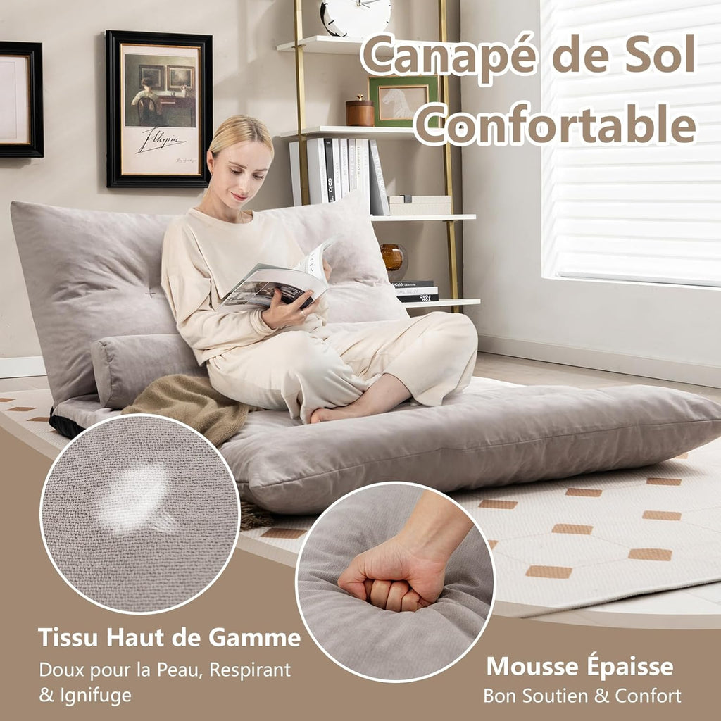 COSTWAY Canapé-lit Paresseux Pliable, Canapé Convertible avec Dossier Réglable à 42 Positions, Chauffeuse avec 2 Oreillers, Sofa pour Salon, Chambre, Balcon, Gris