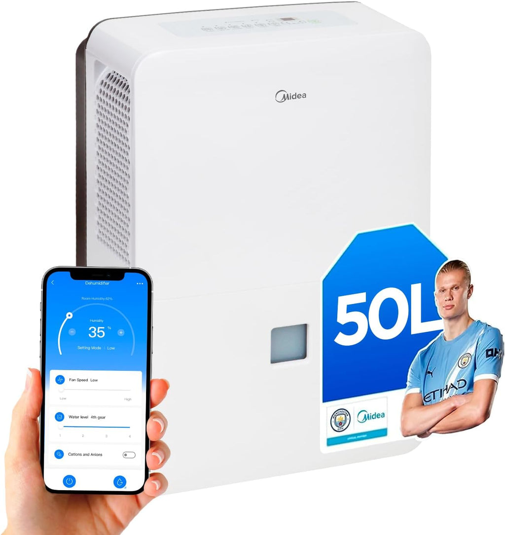 MIDEA Déshumidificateur d air Anti Moisissure intérieur 50 L/Jour | Réservoir amovible 6L, APP/Wifi, Mode Confort, Minuterie 24H | Déshumidificateur industriel de grande capacité jusqu’à 120m²/300 m³