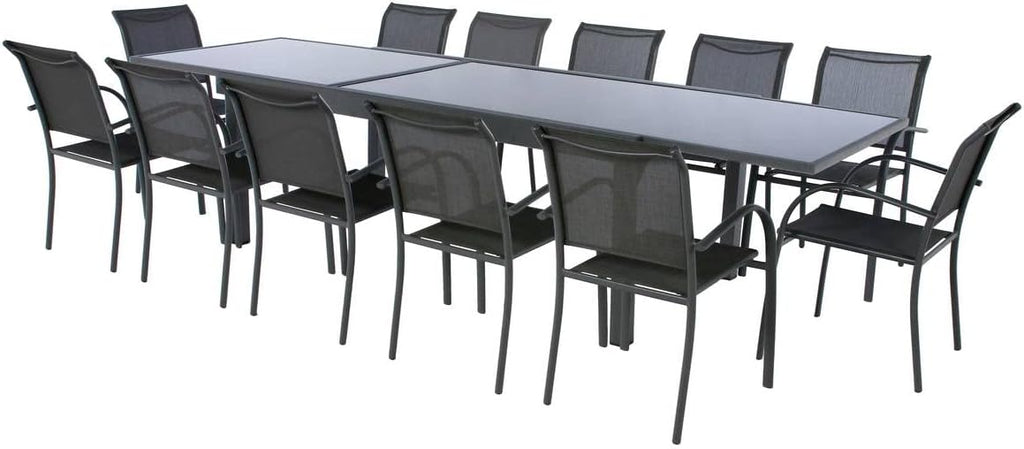 Hespéride - Table de Jardin Extensible Piazza Gris Graphite - 12 Places - Aluminium Antirouille Verre trempé - Meuble d'Extérieur Rallonge Coulissante