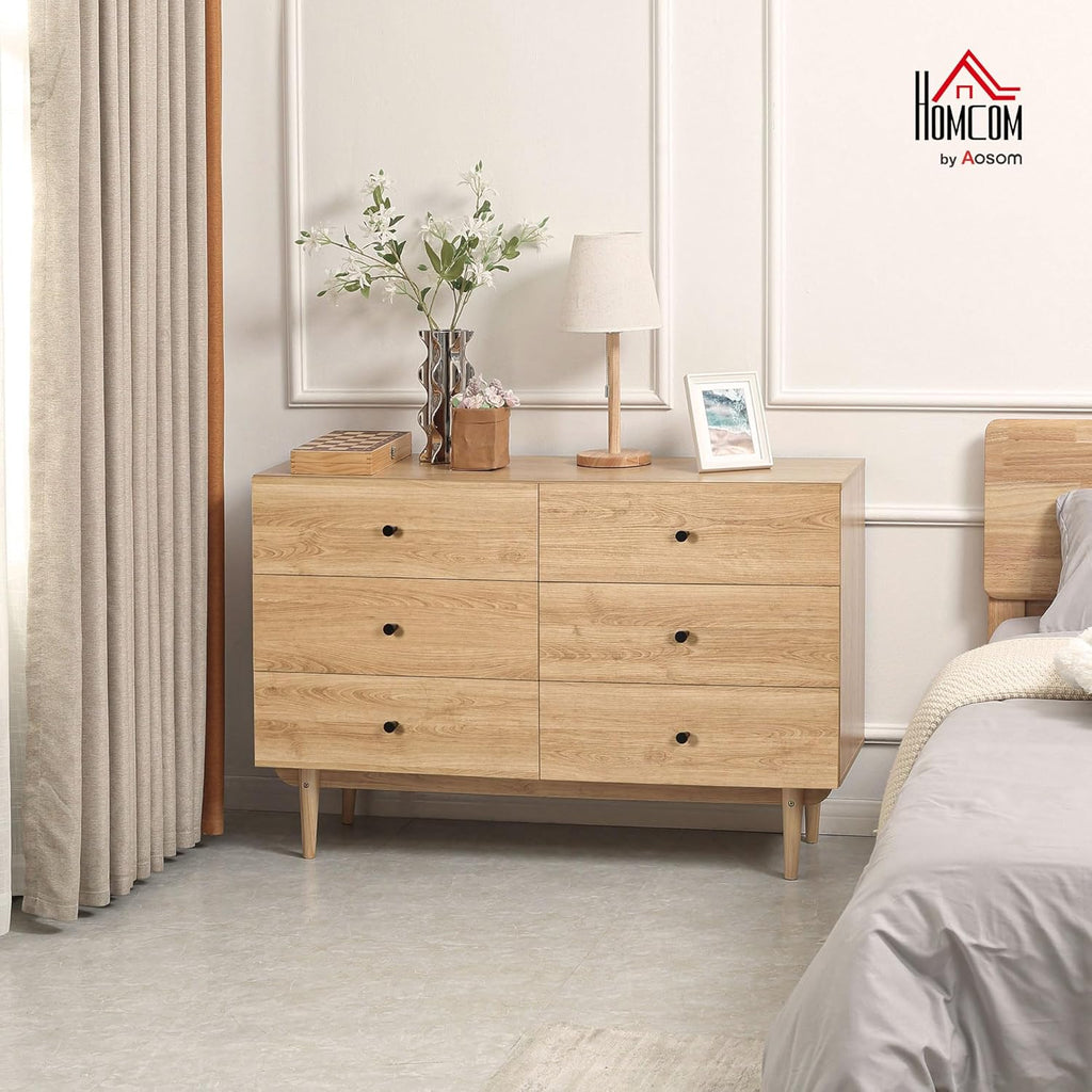 HOMCOM Commode 6 tiroirs, Meuble de Rangement avec Pieds en Bois Massif, Finition Bois veiné, 120 x 40 x 80 cm, Marron Clair