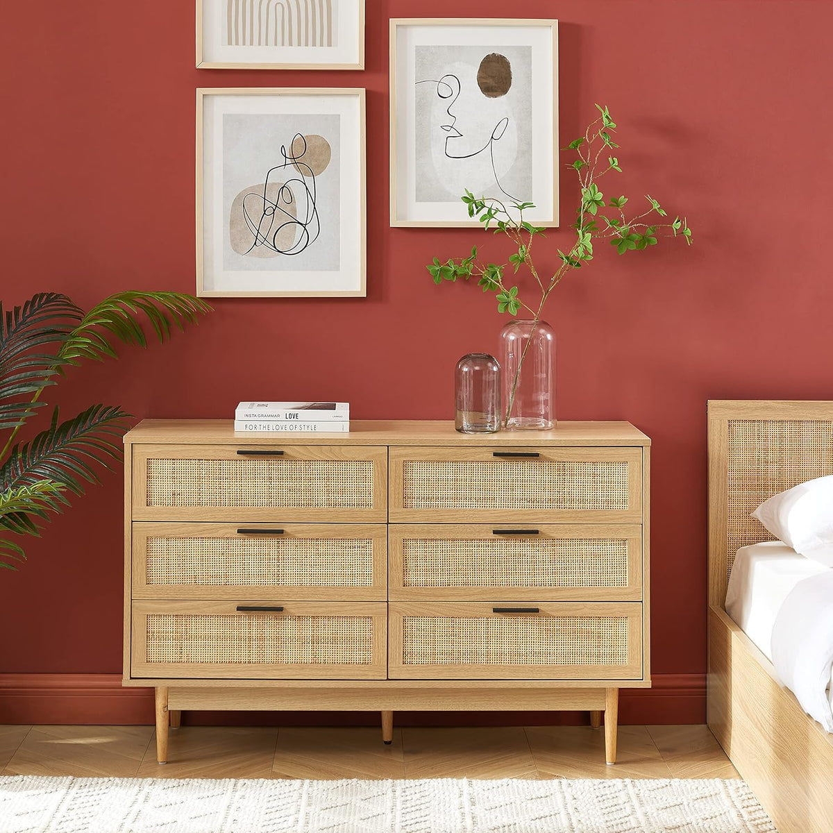 BAÏTA Commode Amana Effet chêne et cannage en rotin 6 tiroirs