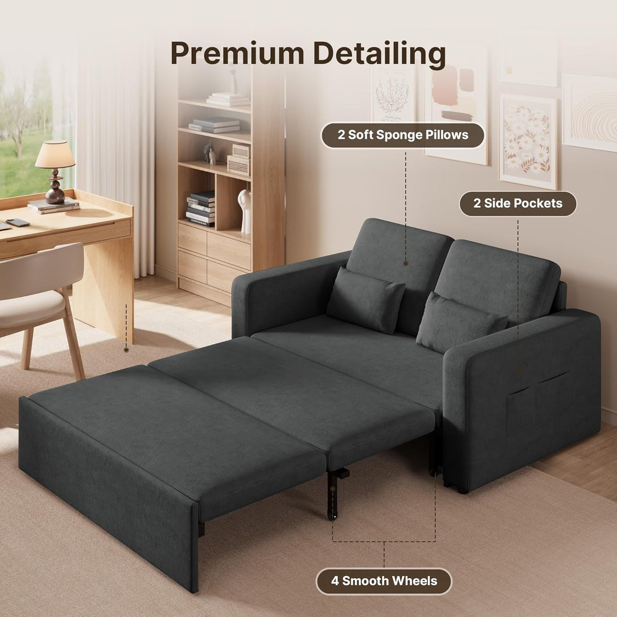 Xbro Canape lit 2 Places Convertible 147x196x87 cm, Canapé-lit 2 Places Extensible à 4 roulettes, Sofa-lit Moderne en Velours, Gris foncé