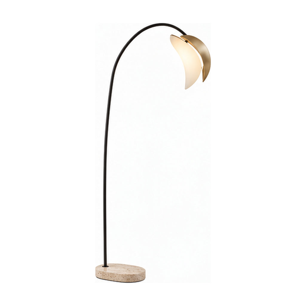 Lampadaire Éclipse Arquée – Verre Opalin et Travertin, Éclairage Dimmable