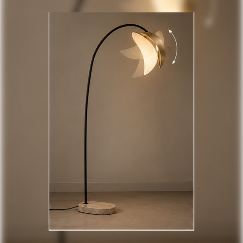 Lampadaire Éclipse Arquée – Verre Opalin et Travertin, Éclairage Dimmable