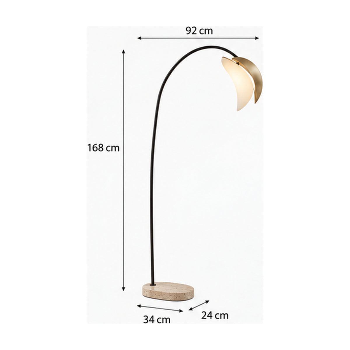 Lampadaire Éclipse Arquée – Verre Opalin et Travertin, Éclairage Dimmable