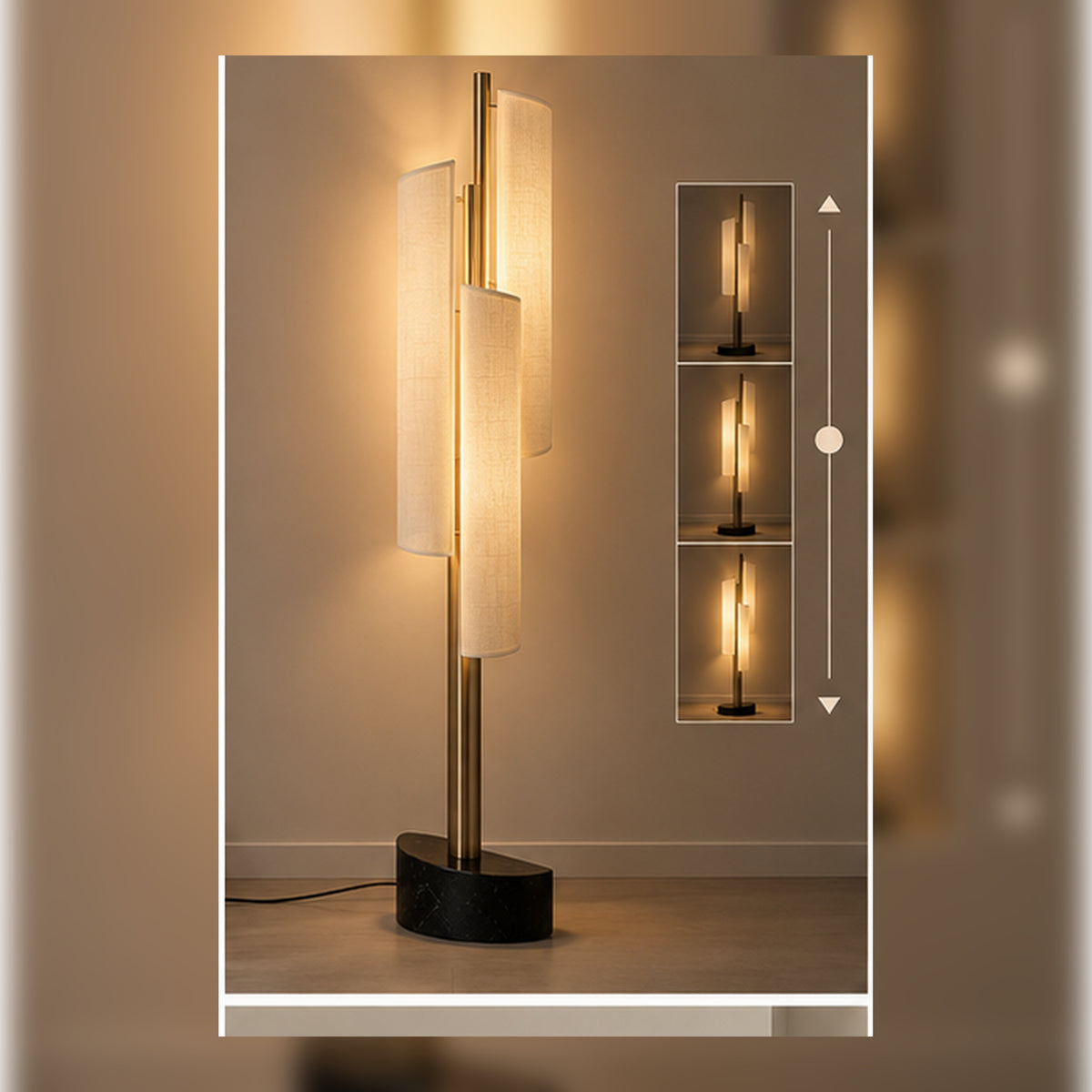 Lampadaire Totem Voilé – Lin Ivoire et Colonne Lumineuse Champagne