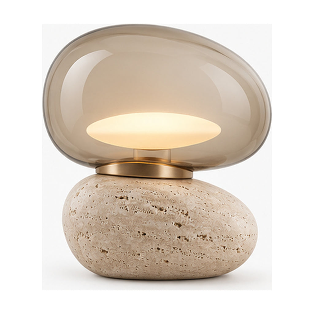 Lampe à Poser Galet Double – Travertin et Verre Fumé Ivoire