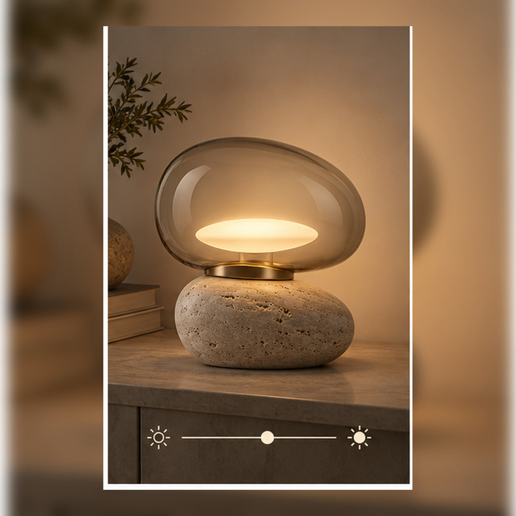 Lampe à Poser Galet Double – Travertin et Verre Fumé Ivoire