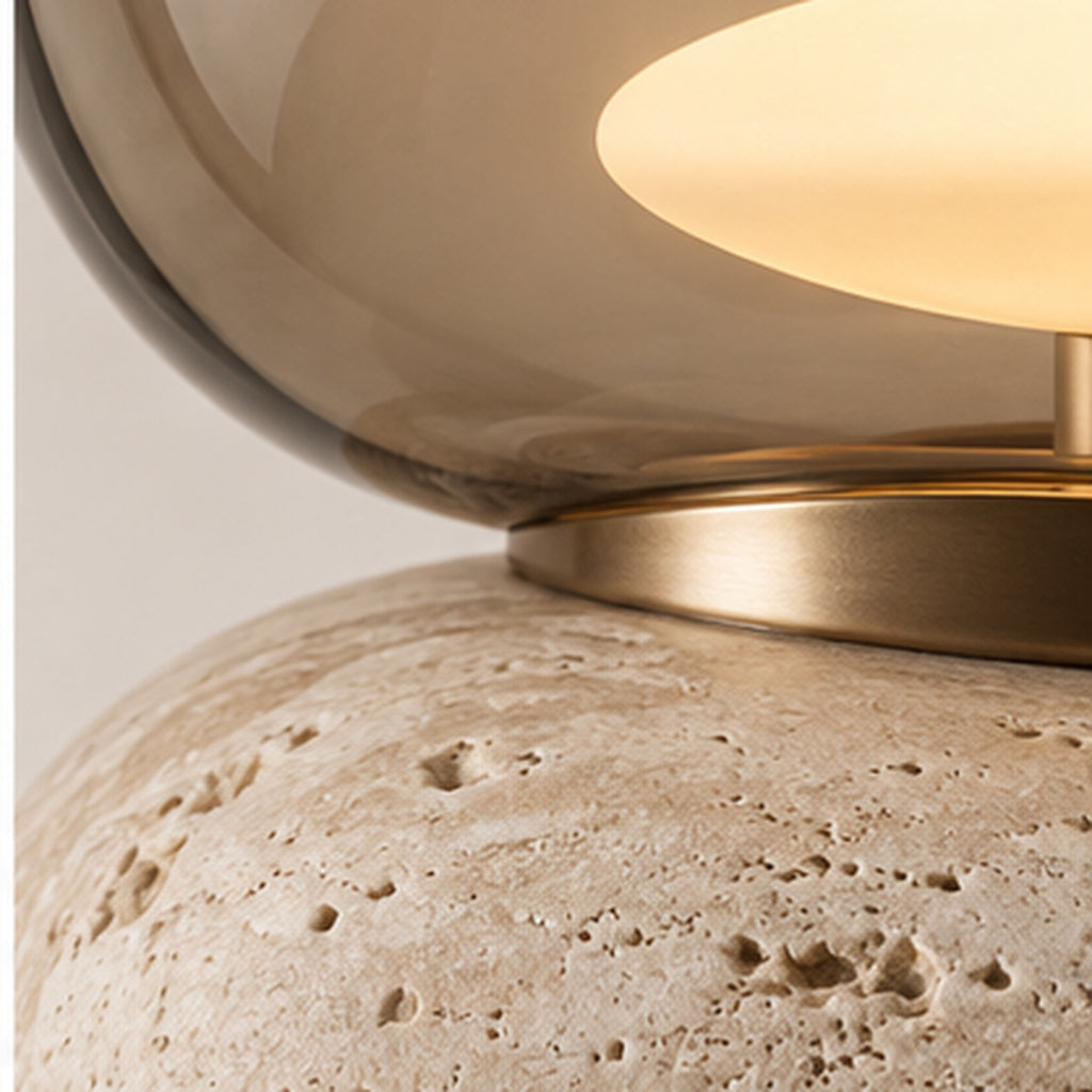 Lampe à Poser Galet Double – Travertin et Verre Fumé Ivoire