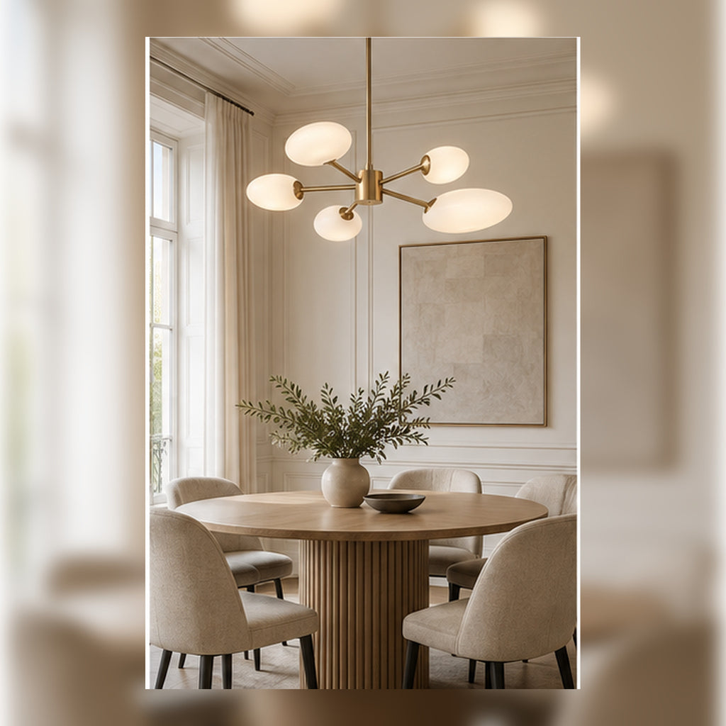 Lustre Rosace Moderne – 6 Boutons Opalins et Structure Champagne