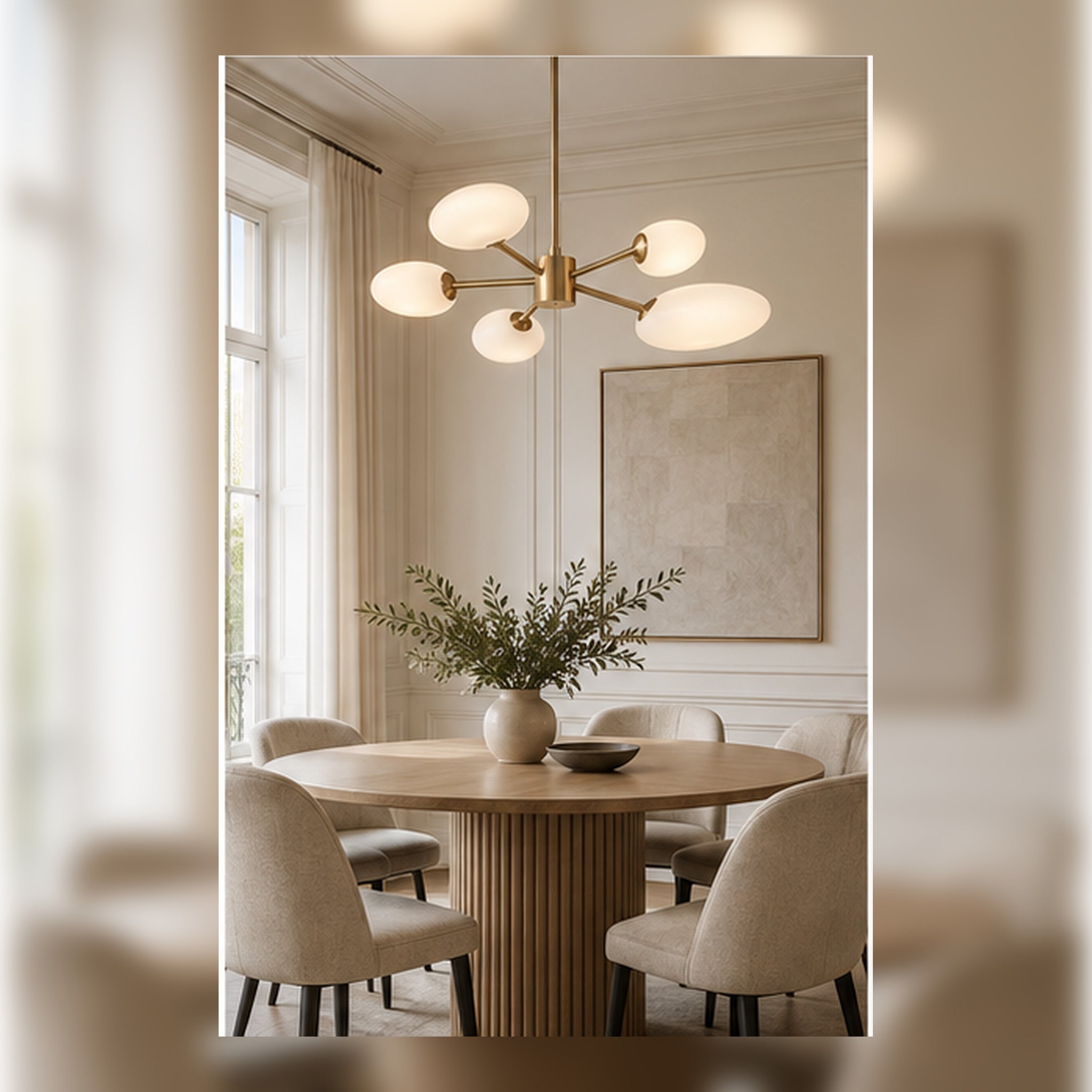Lustre Rosace Moderne – 6 Boutons Opalins et Structure Champagne
