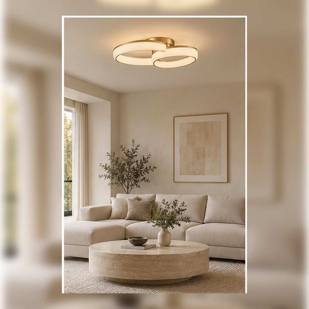 Plafonnier Halo Strié – Double Ovale en Verre Opalin