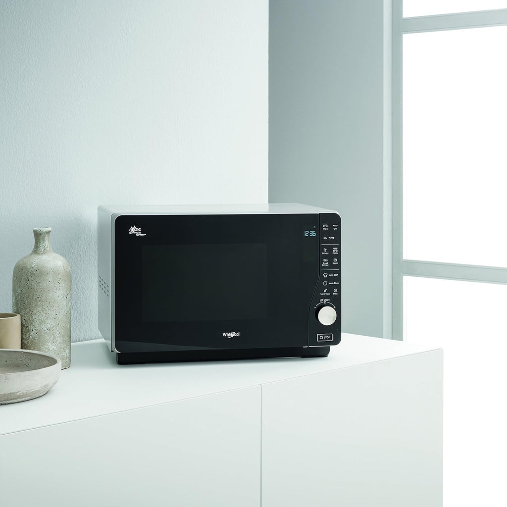 Whirlpool MWF 427 SL Four à micro-ondes Extra Space + Grill, 25 litres, argent, avec steamer, grille haute et plate Crisp + poignée, 800 + 1000 W