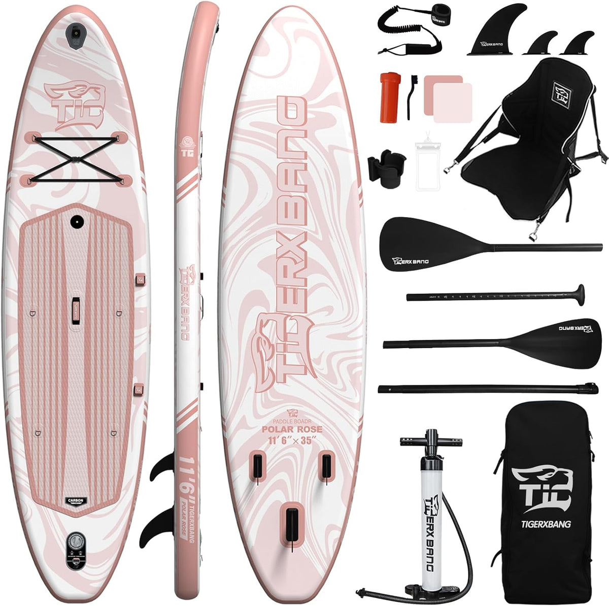 TIGERXBANG Planche à Pagaie Gonflable de 353x89x15cm avec Accessoires Complets, Grandes Planches à Pagaie de Qualité Supérieure pour Adultes/Jeunes, Collection Polar Rose