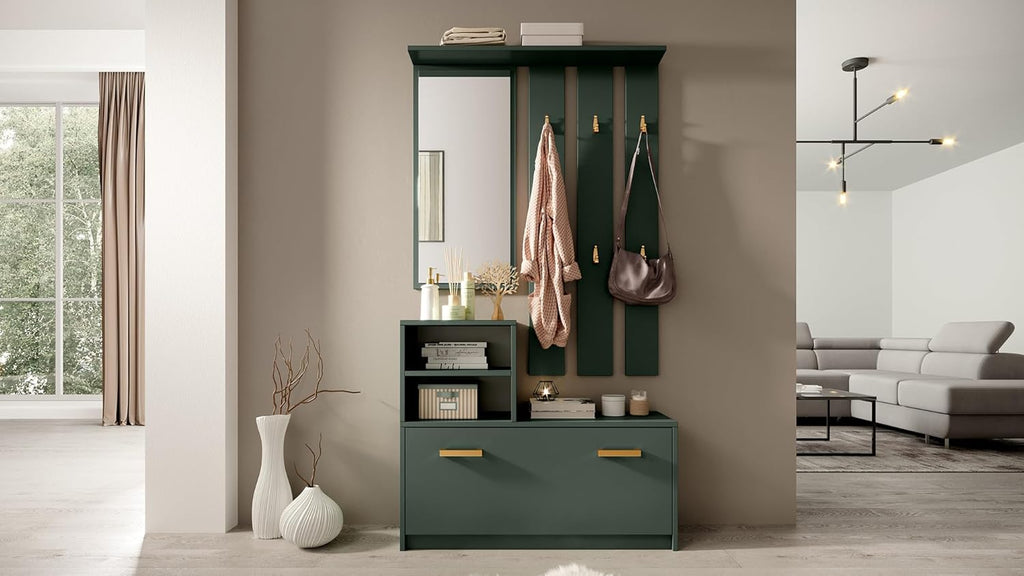 Meuble d'entrée/Vestiaire YESFIR - 85 cm - Vert Bouteille - Meuble à Chaussures - portemanteau - Miroir
